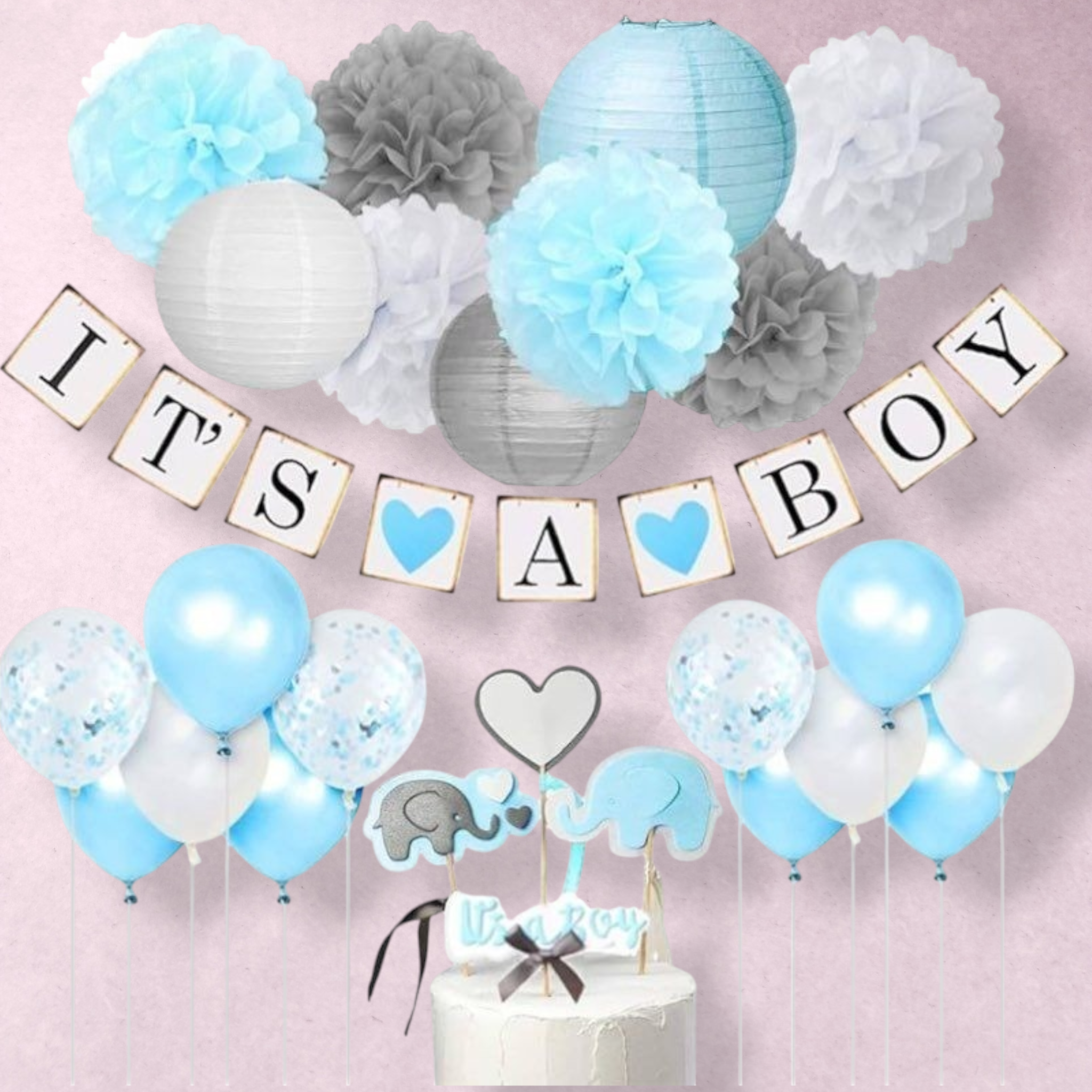 Kit décoration baby shower It’s a Boy bleu gris blanc