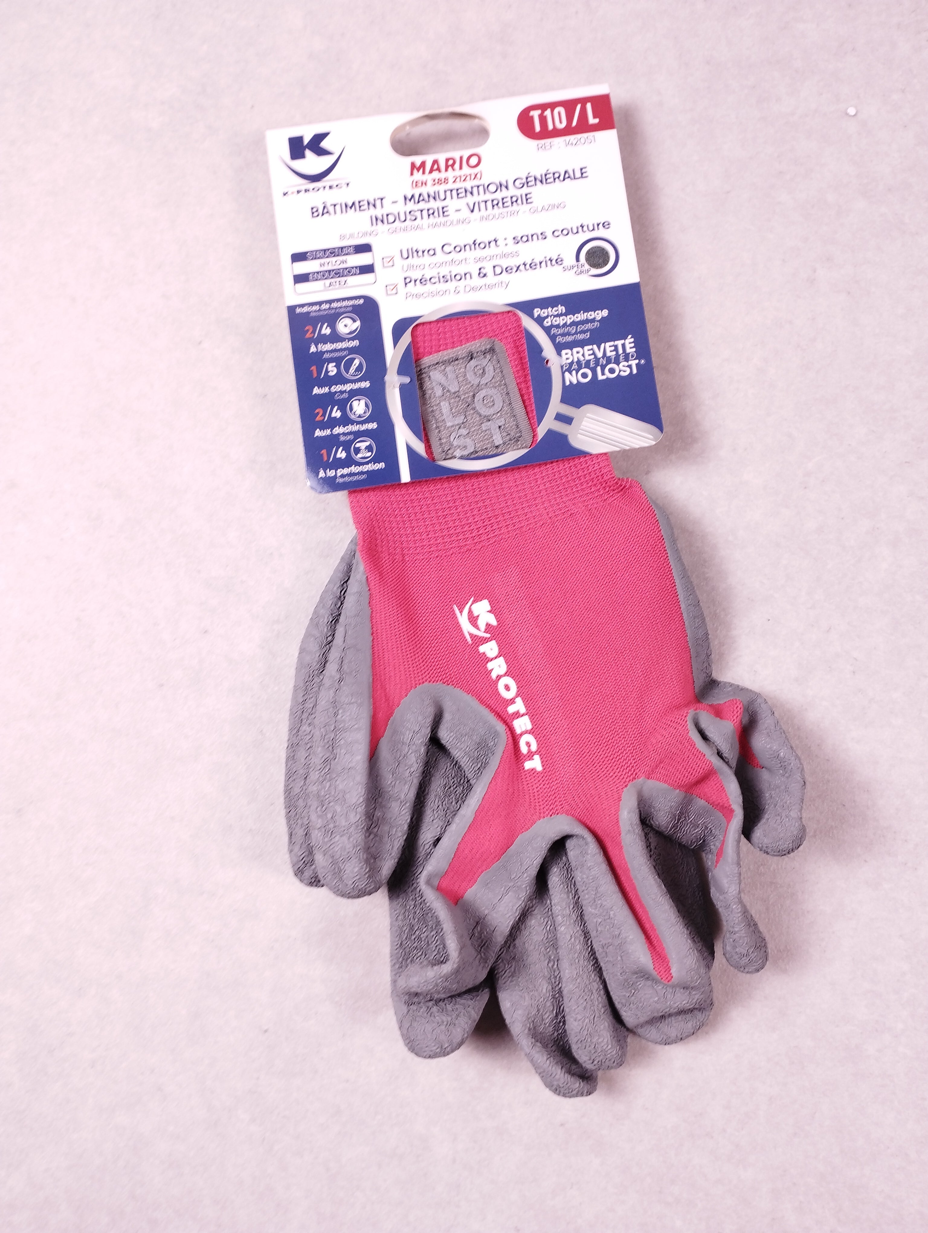 Lot de 10 paires de gants de protection K-Protect Mario rouge gris taille 10