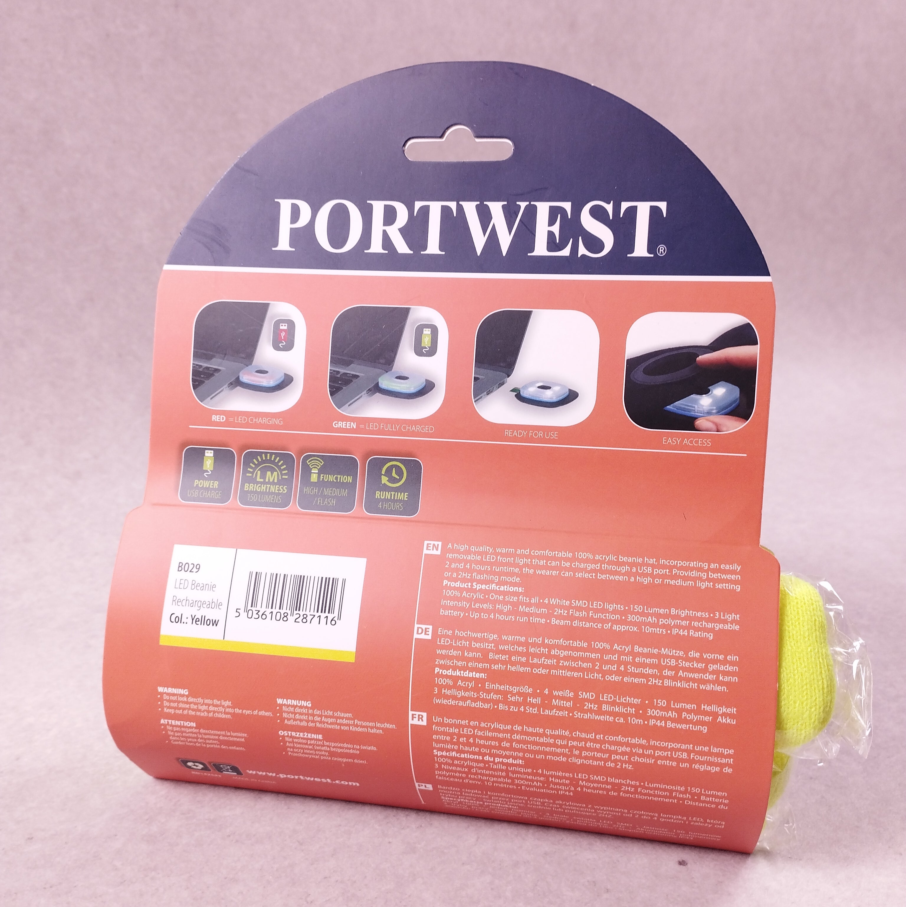 Bonnet LED mixte Portwest B029 jaune fluo taille unique