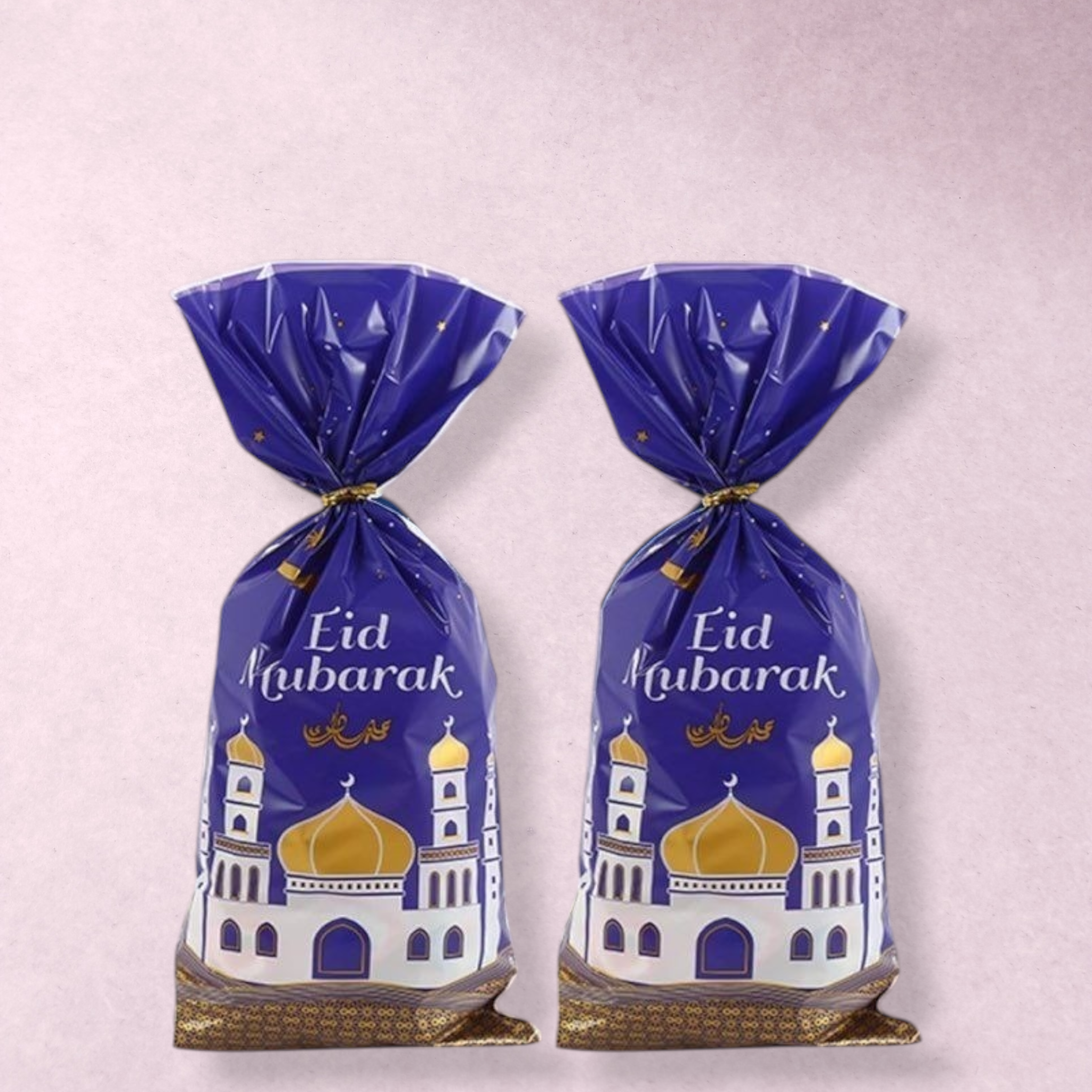 Lot de 100 sacs à friandises Eid Mubarak bleu, violet et or 12,5 × 27,5 cm