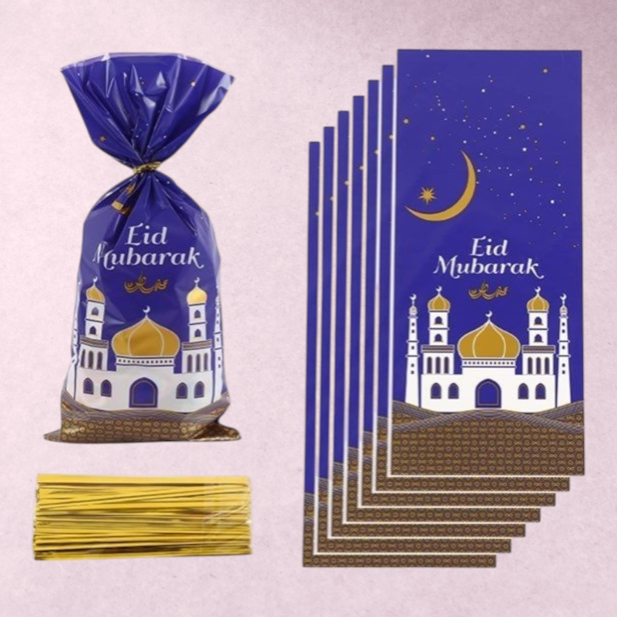 Lot de 100 sacs à friandises Eid Mubarak bleu, violet et or 12,5 × 27,5 cm
