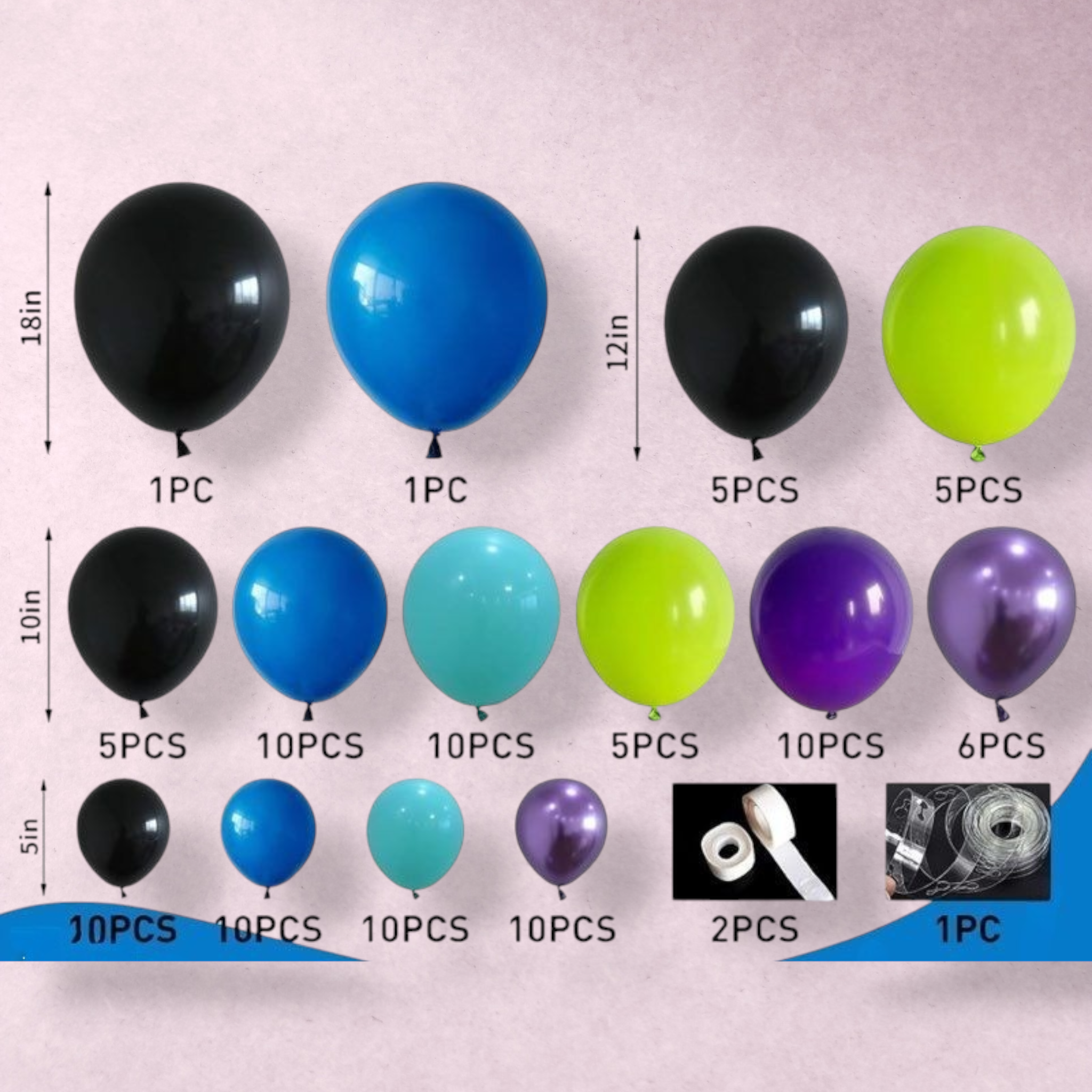 Kit guirlande de ballons Hilavo 100 pièces violet bleu noir vert